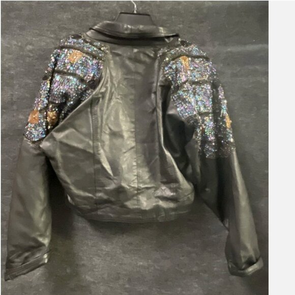 Vintage Real Leather Sequin Beaded Jacket Skirt Set Women XL Biker Western Disco - Picture 12 of 16